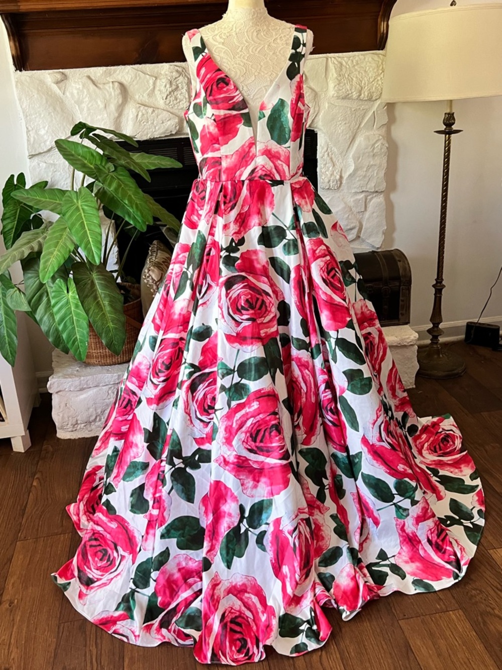 JVN By Jovani Pink Rose Satin V-Neck Floral Ball Gown Prom Dress Size 14